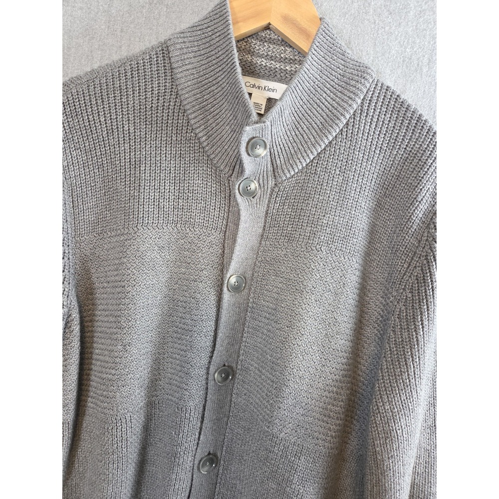 Calvin Klein L Sweater Cardigan Gray Ribbed Dad Grandpa Mock Neck Ribbed Knit